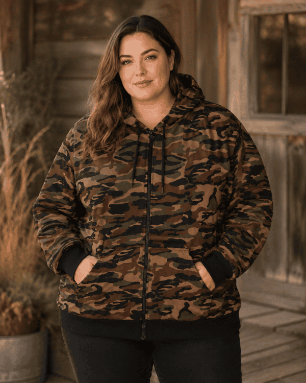 Sweat zippe grande taille à capuche camouflage