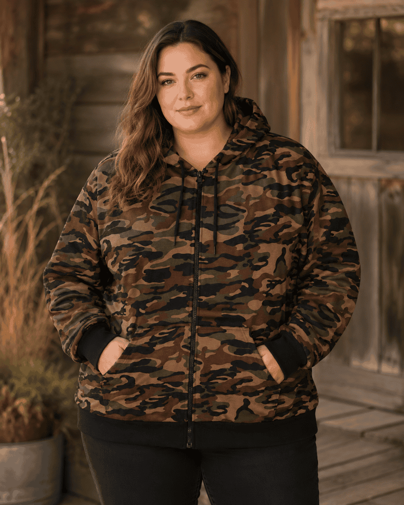 Sweat zippe grande taille à capuche camouflage