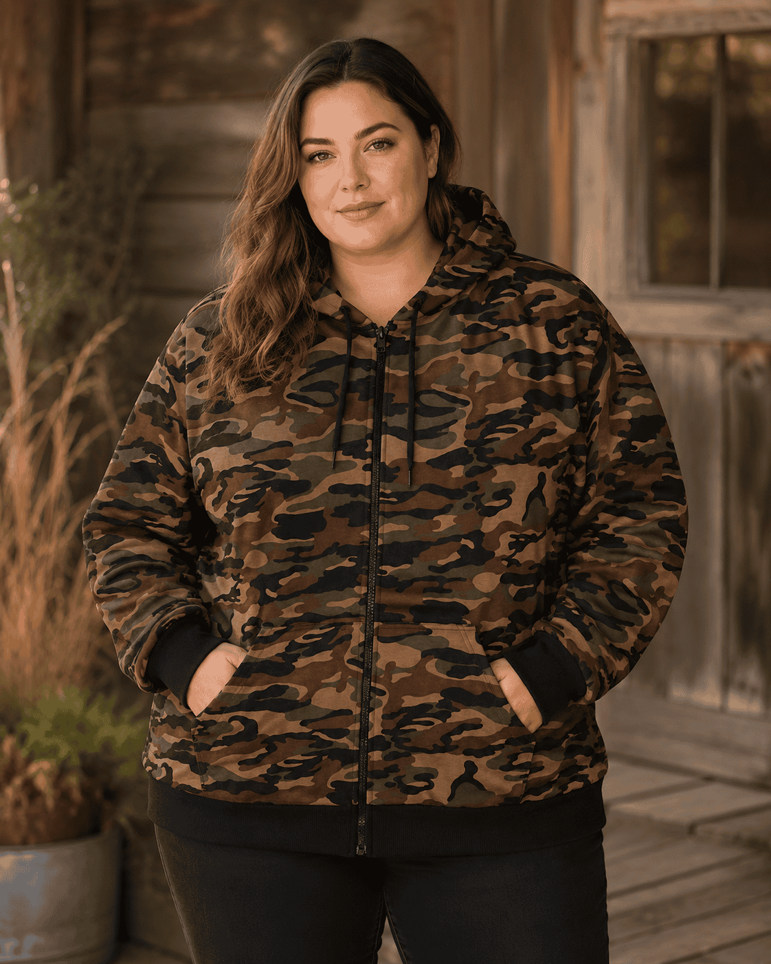 Sweat zippe grande taille à capuche camouflage